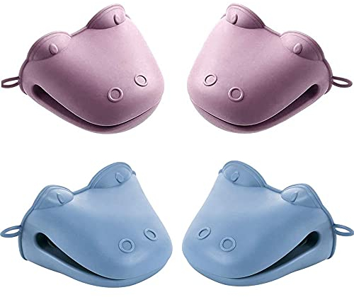 4 Pezzi Mini Guanto da Forno, Presine per le Pentole, Silicone Presine Presina, Guanti per Presine in Silicone, Guanti Resistenti al Calore per Forno in Silicone, per Cottura in Cucina (Blu + Rosa)