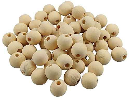Netuno 60 Stück Holzperlen 18 mm mit Loch Holzkugeln Bastelperlen natürlich rund für DIY Handwerk Schmuck Makramee zum Basteln Auffädeln