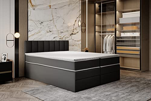 TRADA Boxspringbett 180x200 cm mit Bettkasten und Taschenmatratze - Miami - Elegantes Hochbett mit Viscoschaum-Topper - Schwarz