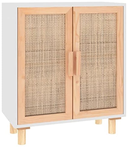 vidaXL Sideboard Schrank Anrichte Beistellschrank Kommode Mehrzweckschrank Standschrank Weiß 60x30x70cm Massivholz Kiefer Natur-Rattan