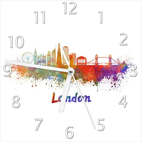 Wallario Design-Wanduhr Städte als Aquarell - Skyline von London aus Glas, Motiv-Uhr Größe 20 x 20 cm, weiße Zeiger