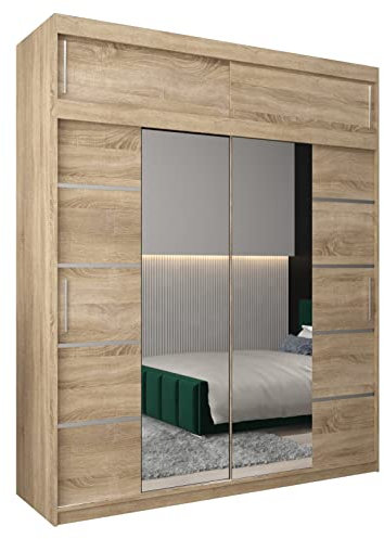 ABIKSMEBLE Verona 4 200 Armario 2 Puertas Correderas para Dormitorio - Armario Moderno con Espejo, Barra y Estantes - 200x240x62 cm (Ancho x Alto x Fondo) - Sonoma con Extensión
