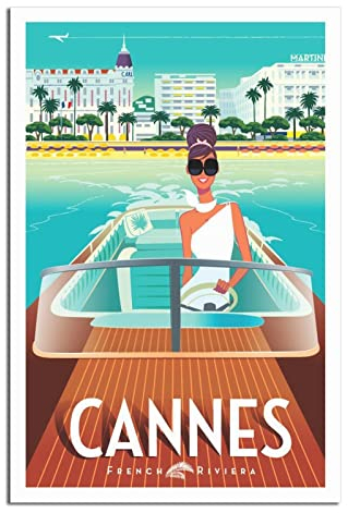 RONGCHENG Cannes France Speedboat Girl Vintage Reiseposter Leinwandkunst Zuhause Zimmer Wanddekoration Bild Poster Druck Gemälde Geschenk Poster