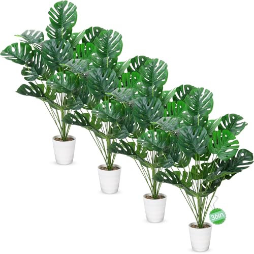 4 Pack Artificial Monstera Deliciosa Plants in White Pots, Fake Tropical Palm Fronds Tree with Turtle Leaves Greenery Stem, Faux Swiss Cheese Plant for Floor Office Home Wedding Party Decor (36 Inch)