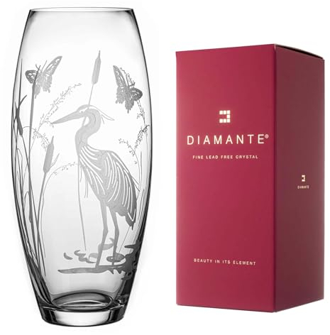 DIAMANTE Barrel Shaped Crystal Vase Heron - Etched Bird Decoration Wildlife Botanical Flower Vase - 30cm in gift box