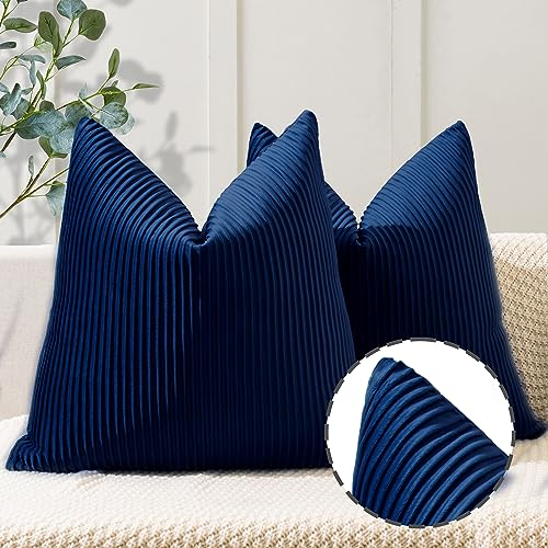 YCOLL 2er Set Dunkelblau Kissenbezug 40x40 Samt Streifenmuster Kissenhülle weiche Kissenbezüge Moderne Zierkissenbezug Sofakissen für die Inneneinrichtung luxuriöse dekorative Dekokissen für Sofa,Bett