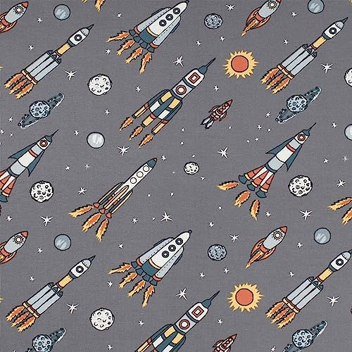 French Terry Stoff Raketen im Weltraum, ungeraut, grau (Länge am Stück: ab 50cm / Breite: 150cm)