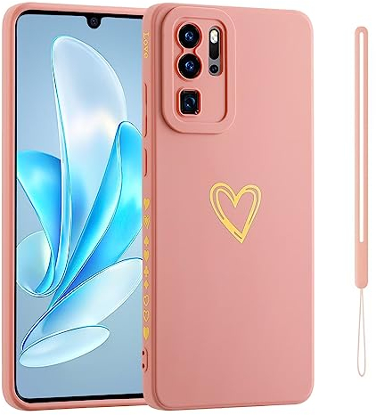 Jeelar ESONG Handyhülle für Huawei P30 Pro,UltraDünn Weiche TPU Silikon Telefonhülle Cover mit Süße Liebe Herzform/Handschlaufe,Stoßfest Bumper Schutzhülle Case für Mädchen/Frauen-Rosa