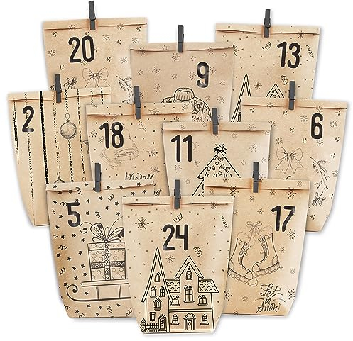 PANSIBY Adventskalender zum Befüllen, 24 Weihnachtskalender Geschenk Papiertüten Groß zum Selber Befüllen, Kraftpapiertüten Advents Tüten Selbstbefüllen mit Aufkleber für Kinder & Erwachsene