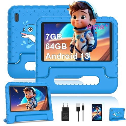 AOCWEI Tablet Niños Android 13, Tablet 7 Pulgadas |7GB RAM 64GB ROM Ampliable a 512GB |Kids Educativos |Control parenta l4 Core | WiFi 6 |Bluetooth 5.0|Dual Cámara |Funda EVA-Azul
