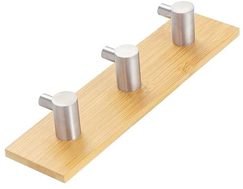 Coptiner Self-Adhesive Hooks, Adhesive Wooden Hooks Bamboo Stainless Steel Hooks Hanger for Bathroom, Home, Kitchen, Bedroom, Coat, Hat, Key (1Pack-3Hook)