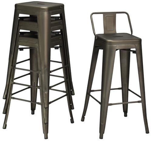 COSTWAY Lot 4 Tabourets de Bar Empilable en Métal avec Dossier Amovible, Hauteur Assise 76 CM, Chaise de Bar Petit-déjeuner, Pieds Antidérapants, Tabouret Industriel pour Cuisine (Gris Industriel)