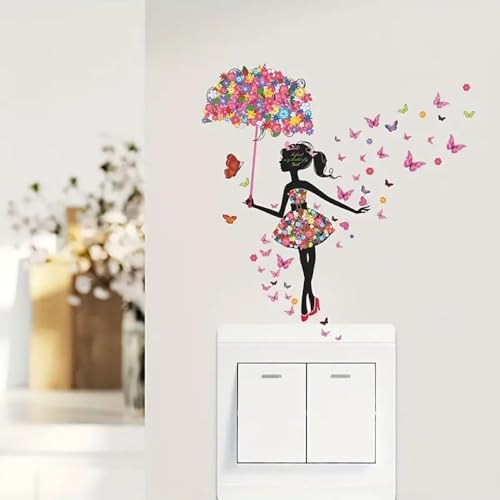 Generic Wandtattoo Fee Prinzessin Kinderzimmer (Schirm) - Glänzend, Vinyl, Sticker, Rund, Pink, Schwarz, Lila, Wasserresistent, Wiederverwendbar, Blatt, Mädchen, Jahreszeit, Indoor