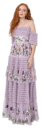 Maya Deluxe Vestido Largo para Mujer, Hombros Descubiertos, Tirantes Delgados, Bordado Floral, Volantes, Tul, Invitada de Boda, Lila, 40