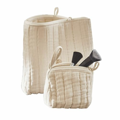 Loberon Kosmetiktasche 2er Set Huillé, zwei Größen im Set, vielseitig einsetzbar, Make-up Tasche, Weihnachten, Geschenkidee, Baumwolle, creme