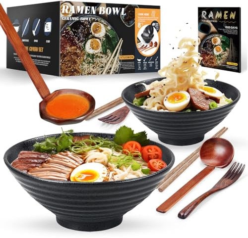 YTLEMON Ceramic Ramen Bowl Set of 2 - Porcelain Japanese Salad Noodles Cereal Fruit Pasta Soup Large Bowls 2×1000 ml 34 Ounces with Recipes Chopsticks Forks and Spoons for Party Camping(Black)