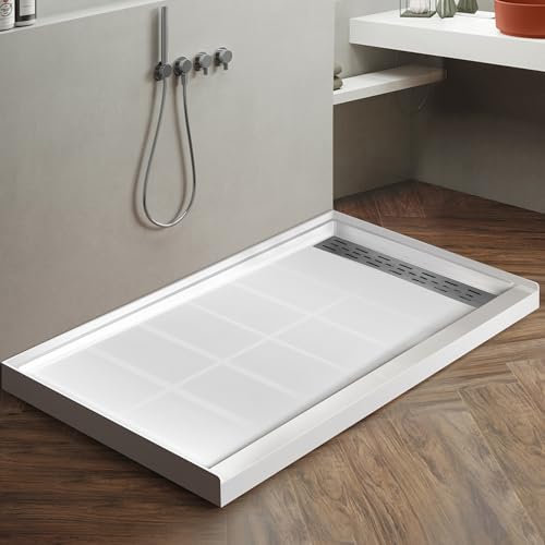 Base de ducha en escurridor lineal derecho blanco, base de ducha rectangular de 60 x 36 x 4 pulgadas con panel de suelo antideslizante y cubierta de drenaje de ducha de acero inoxidable