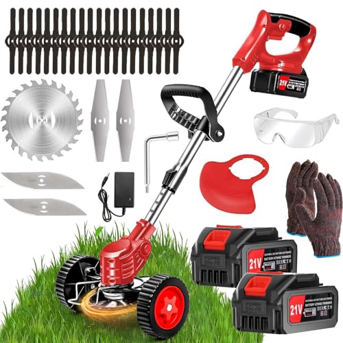 Débroussailleuse sans Fil 21V, débroussailleuse électrique avec 2 Batteries 4.0Ah et 4 Types de Lames, Roues Amovibles, débroussailleuse de Jardin à Hauteur réglable pour pelouses et arbustes