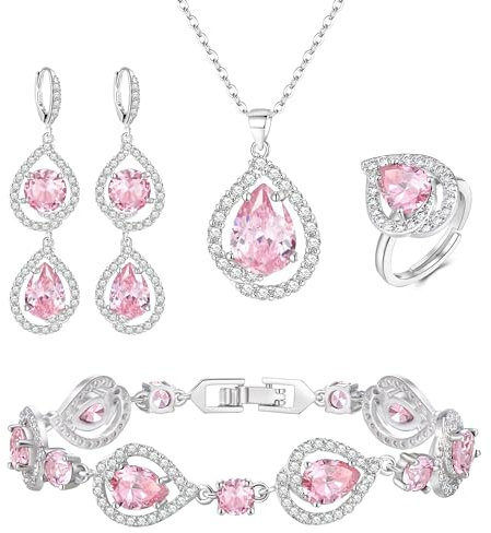 EVER FAITH 4 Stück Schmuck Set für Damen Teardrop Cubic Zirkonia Anhänger Halskette Ohrringe Tennis Armband und Offene Ring Sets für Party Hochzeit Rosa Silber-Ton