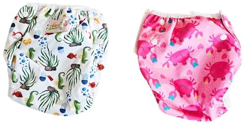 Pañales Reutilizables para Nadar para Bebés,2PCS Lavables,Pañales para Nadar para Bebés para Piscina o Playa. TetebyNoa (Marino y congrejos rosa)