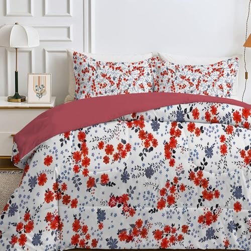 Qiwagu Bettdecke 135x200 4 Jahreszeiten, Wende Rote Blume Steppdecke Waschbare, Bettdecke ohne Bezug Nutzbar, Leicht Weiche Schlafdecke 200GSM, Ganzjahresdecke Weiß mit 1 Kissenbezug (ohne Kissen)