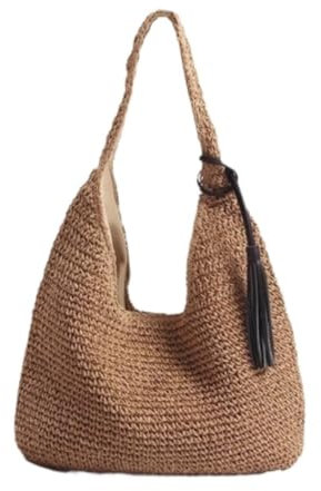 AMULONG Sac de Plage D'été Grand Sac À Bandoulière En Paille Souple Avec Pompons Noirs Et Poignée En Paille Boho Sac de Plage en Tissé à la Main