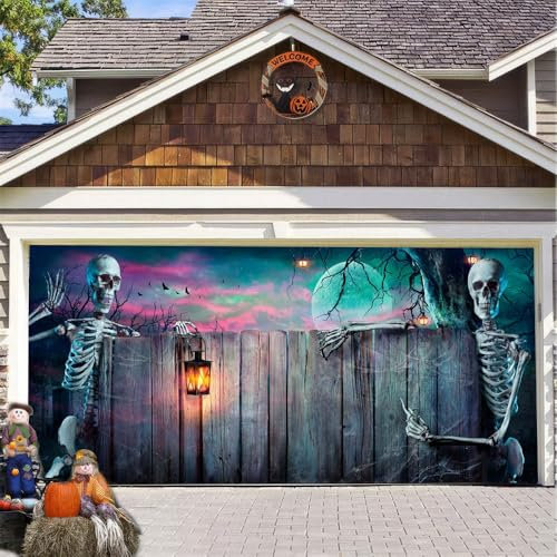 Hixingo Garagentor Banner Halloween Tür Banner mit Ösen und Seil, 3D Gruseliges Skelett Halloween Party Banner Poster Foto-Hintergrund für Haustür Wand Garage Türdeko (240x210cm,Zaun 2)