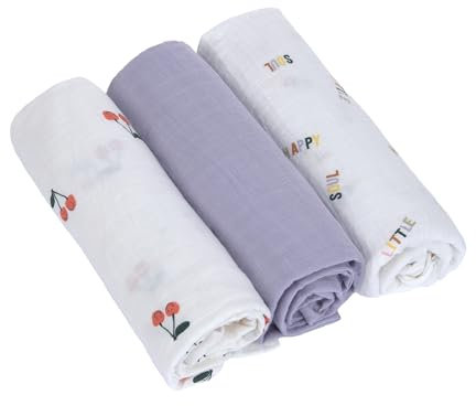 LÄSSIG Baby Puckdecke Spuckdecke Pucktuch Mulltuch 3er Set Baumwolle 85 x 85 cm/Swaddle & Burp Blanket L Happy Fruits Cherry