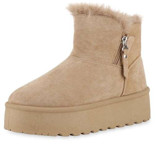 VAN HILL Damen Stiefeletten Winter Boots Warm Gefüttert mit Plateau Kunstfell Zipper
