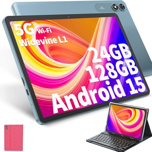 HISORL Tablette Android avec clavier, tablette Android 15 10 avec 24 Go + 128 Go, 1 To d'extension, 8 cœurs, 8 000 mAh, Wi-Fi 5G, Widevine L1, GMS, avec étui, clavier, souris, stylet (rose)