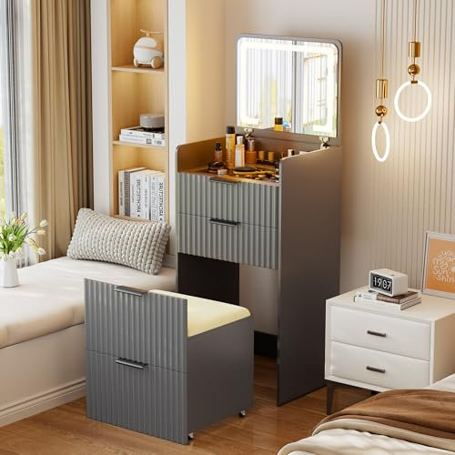 Gurexl 3 in 1 Small Vanity Desk with Plip Top Mirror,Makeup Vanity Set with Visible Glass Desktop,Compact Vanity with 3 Drawers,Storage Compartment and Padded Stool,Dressing Table for Bedroom,Grey