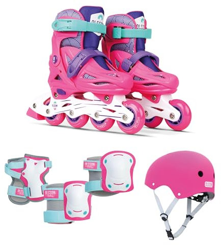 OLSSON Kit Patines en Línea niño niña - Tallas 28-31 y 32-35 - Ajustables - Rodamientos 608Z - Ruedas 64/70mm - Homologado - Patines + Casco + Rodilleras + Coderas + Muñequeras (Rosa, 32-35)