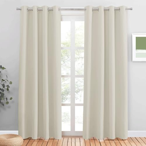 PONY DANCE Eyelet Beige Curtains - Thermal Insulated Privacy Energy Saving Curtains & Drapes, Super Soft Cream Noise Reducing Drapes for Kid's Bedroom Living Room, 46 x 84 Inches, 2 Panels