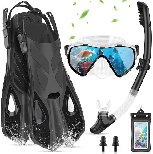 IEEILULU Schnorchelset Erwachsene, 7-teiliges Schnorchelausrüstung mit Anti-Fog Taucherbrille, Flossen, Trockenschnorchel, wasserdichte Handyhülle Ohrstopsel und Tragetasche (Schwarz, L/XL)