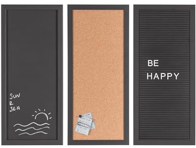 Juego de 3 Tableros Esenciales Bi-Office, 20 x 45 cm, Pizarra, Pizarra de Letras y Tablero de Corcho, Marco Negro