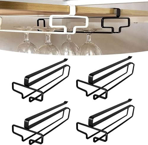 SAMSYOKI 4 Stück Weinglashalter Hängend Weingläser Halterung Unter Dem Schrank Gläserhalter zum Aufhängen Metall Stemware Rack Kein Bohren Weinglas Regal Für Küche Bar Restaurant Schwarz