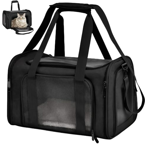 WIYETY Transportbox Katze Katzentransporttasche Haustiertasche: 3-6kg Katzen Transportboxen Faltbar, Transporttasche Katze für Katzen, kleine Hunde, Schwarz