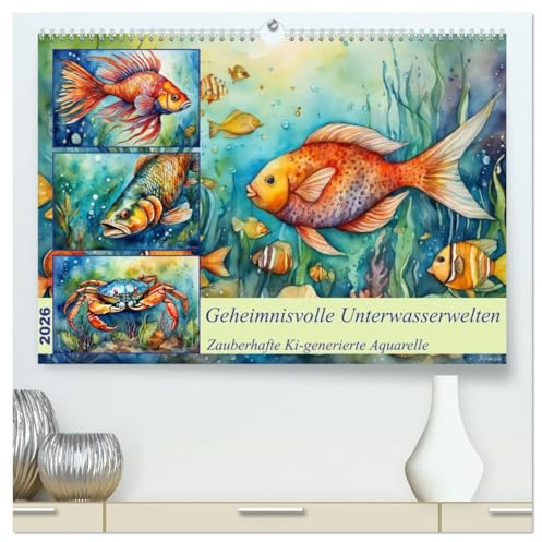 Geheimnisvolle Unterwasserwelten (hochwertiger Premium Wandkalender 2026 DIN A2 quer), Kunstdruck in Hochglanz: Zauberhafte von der KI generierte Aquarelle (CALVENDO Tiere)