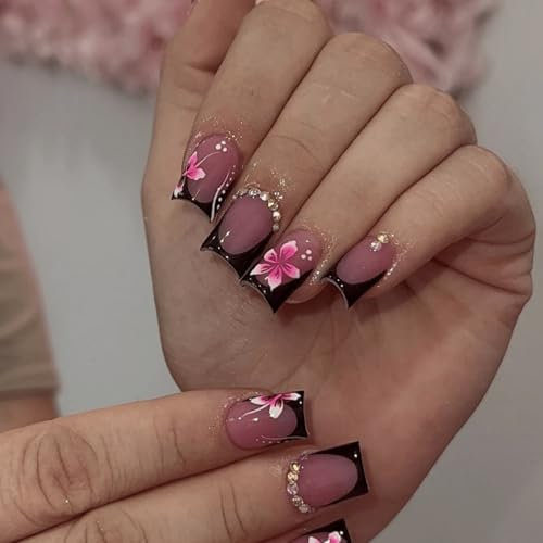 GlamRays 24 Stück Schwarze Französische Spitzen Aufkleber Nägel Kurze Quadratische Falsche Nägel mit Kristallen Anhängern Design Rosa Hibiskus Blumen