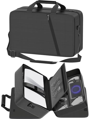 Gersker PS5 Tasche kompatibel mit PS5/Slim/Pro Digital & Disc, 10 Fächer Aufbewahrung PS 5 Rucksack für PS Portal, 4 Spielkarten, 2 Controller, PS5 Reisetasche mit großer Kapazität Speicher, Schwarz