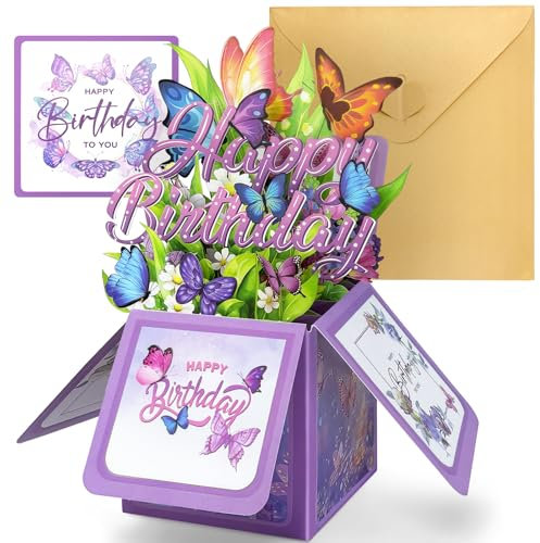 YianHien Schmetterling Geburtstagskarte, 3D Schmetterling Blumen Karte Geburtstag Frau, Exquisite Pop Up Karte Geburtstag für Ehefrau Freundin Schwestern Tochter Mama Oma Tante Bester Freund Kollege