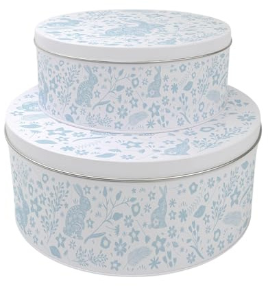 Purely Home Blue Wild Rabbits Set of 2 Cake Tins Gift - Nesting Round Large & Medium Metal Storage Containers for Cakes and Baking