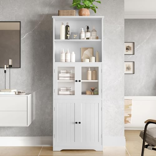 LARFOEK Badschrank Hochschrank, Badezimmerschrank mit verstellbaren Fächer und 4 Türen, Mehrzweckschrank Küchenschrank mit viel Stauraum, 57,4 x 28,5 x 160cm, Weiß