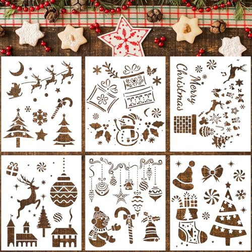 REEKNOKOL Weihnachtsschablonen, 6-teilig, Wiederverwendbare Schablonen für DIY-Kunsthandwerk, Malvorlagen für Wände und Scrapbook, Dekor für Ziegelwände