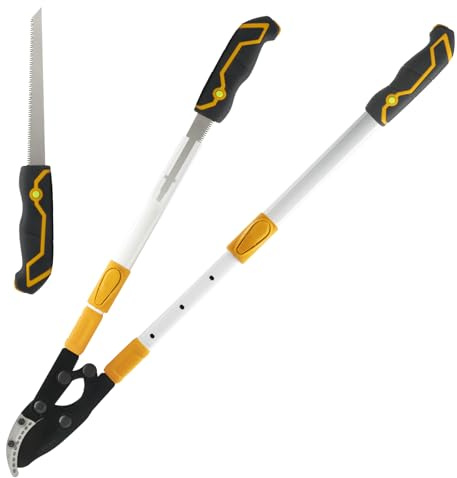 TOOLMAYS Coupe Branche Cisailles TéLéscopiques 2 en 1 avec Scie à Main | Pour Bois Frais Jusqu'à 60mm, Extensible Jusqu'à 930mm, Cisaille à Branches TéLescopique, RevêTement AntiadhéSif