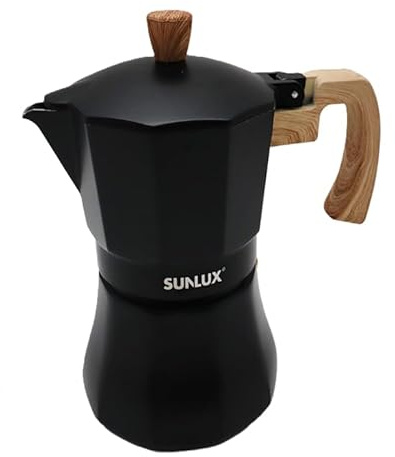 Caffettiera SUNLUX Dark Line da 2 Tazze, Moka in Alluminio con Manico e Pomello in Legno, Design Elegante Nero Opaco, Per Piani di Cottura a Gas, Altezza 15,5 cm
