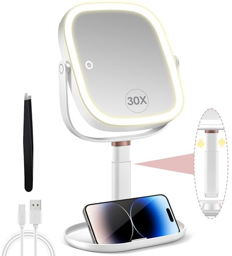 B Beauty Planet Magnifying Mirror with Light 30X/1X, Height Adjustable Makeup Mirror with 3 Color Lights, 360°Rotation and Detachable, with cell phone holders and tweezers, Rechargeable for Bathroom