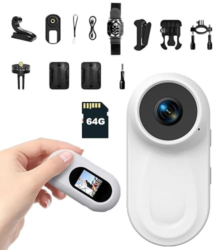 1080P Mini Action Kamera mit 64GB TF Karte, Tragbare Bodycam mit Audio & Video, Wearable Körperkamera mit Magnet Clip, Handsfree Videorecorder für Sport, Reisen, Radfahren, Vlogging, Haustiere(Weiß)