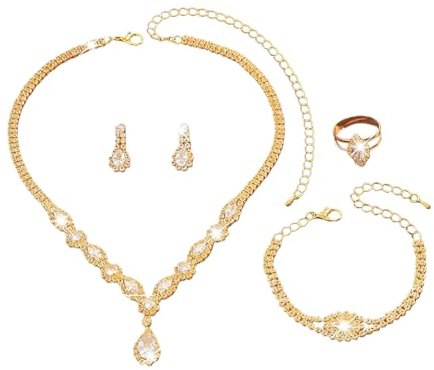 XFSRG Schmucksets für Damen Tropfen Anhänger Halskette Ohrringe Armband Ring Set Strass Schmuck Set Brautschmuck Geschenk für Hochzeit Party Geburtstag