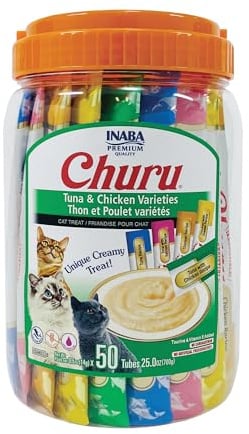INABA Churu Cat Treats, Lickable, Squeezable Creamy Purée Cat Treat with Green Tea Extract & Taurine, 0.5 Ounces Each Tube, 50 Tubes, Tuna & Chicken Variety